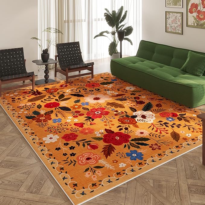 Living Room Rug 6x9 Rug Machine Washable Boho Area Rug Non Slip Floral Vintage Low Pile Large Rug for Living Room, Bedroom, Farmhouse, Dining Room, Kids Playroom(Yellow)-Ruum Studio Home
