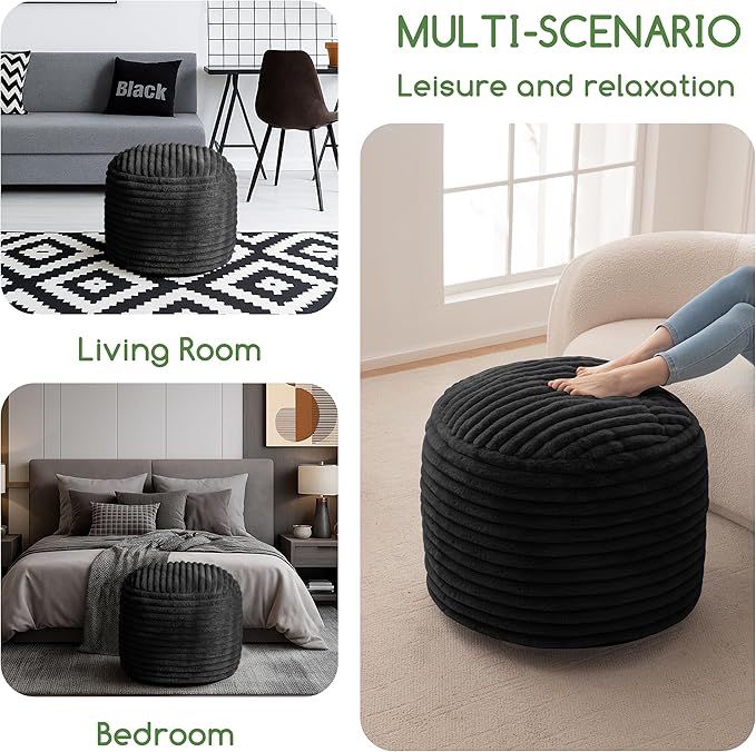 HIGOGOGO Round Stuffed Pouf Ottoman, Stripe Faux Fur Poufs with Foam Chunk Filling, Furry and Fluffy Pouf Foot Stool Storage Ottoman, 26 X 18 Floor Poufs Foot Rest for Living Room, Black-Ruum Studio Home