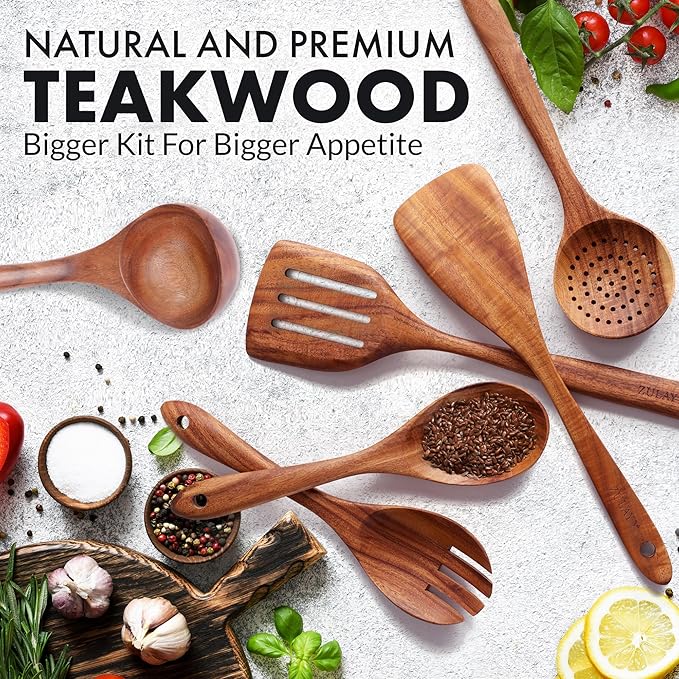 Zulay Kitchen Extra-Large 6-Piece Wooden Spoon Set - Smooth Teak Cooking Utensils - Comfort-Grip Non-Stick Turner, Spatula, Skimmer, Fork, Serving Spoon-Ruum Studio Home