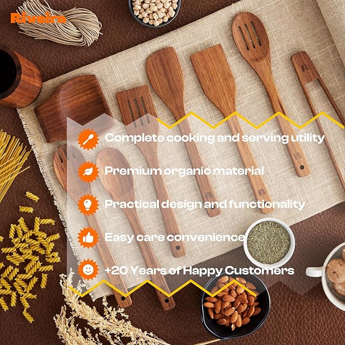 Riveira Teak Wooden Spoons for Cooking Set of 9 – Natural Teak Wooden Cooking Utensils, Wooden Spatula, Wooden Spoon - Premium Quality Wooden Utensil Set for Non-Toxic Cooking-Ruum Studio Home