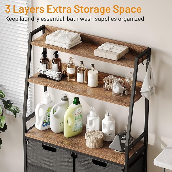Lulive Double Laundry Hamper with Shelf, Laundry Basket with 3 Tier Storage Shelves & 4 Removable Hooks, Tall Laundry Sorter Clothes Hamper with Pull-Out Bags for Bathroom, Laundry Room-Ruum Studio Home