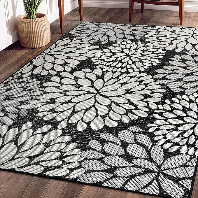 Beverly Rug Outdoor Rug 6x9 Modern Exotic Tropical Leaf Area Rugs for Indoor and Outdoor Patio Deck Porch Garden Water Resistant Washable Outside Carpet (6 x 9 Dark Gray)-Ruum Studio Home