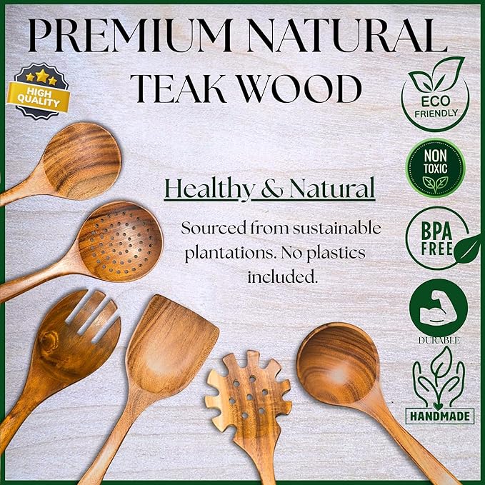 Wooden Spoons for Cooking - 8 Piece Natural Teak Kitchen Utensil Set Non Toxic - Teak Wooden Utensils with Spoon Rest and Holder-Ruum Studio Home