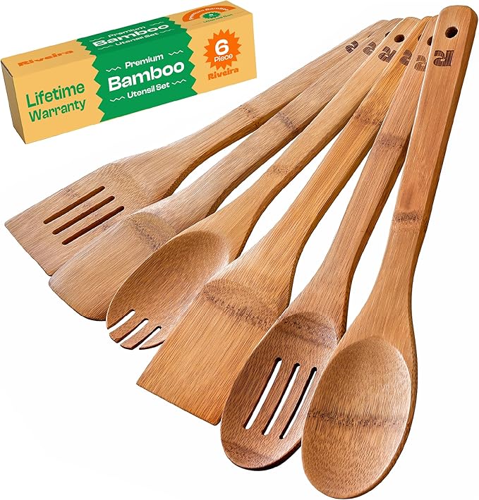 Riveira Dark Bamboo Wooden Spoons for Cooking 6-Piece, Apartment Essentials Wood Spatula Spoon Nonstick Kitchen Utensil Set Premium Quality Housewarming Gifts for Everyday Use-Ruum Studio Home