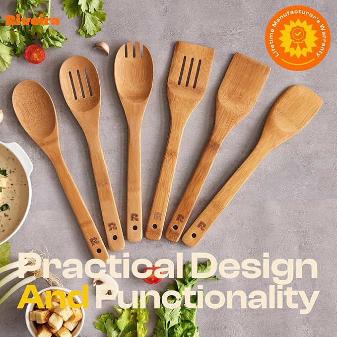 Riveira Dark Bamboo Wooden Spoons for Cooking 6-Piece, Apartment Essentials Wood Spatula Spoon Nonstick Kitchen Utensil Set Premium Quality Housewarming Gifts for Everyday Use-Ruum Studio Home