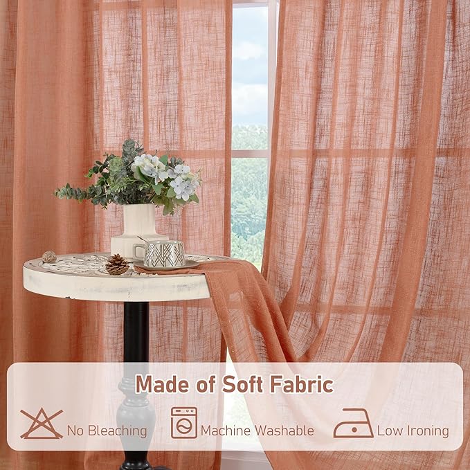 LAMIT Light Filtering Linen Curtains 54 inches Long for Bedroom, Linen Textured Semi Sheer Bronze Grommet Boho Drapes for Living Room, Terracotta, 2 Panels, 52 x 54 Inch-Ruum Studio Home