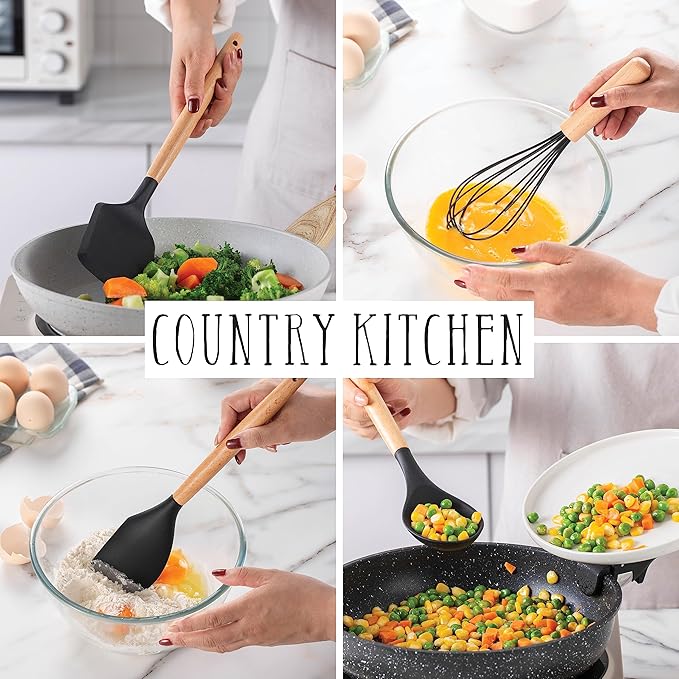 Country Kitchen Non Stick Silicone Utensil Set with Rounded Wood Handles for Cooking and Baking, 14 Piece Set, Black-Ruum Studio Home