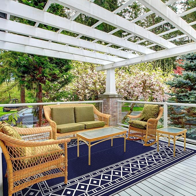 GENIMO Outdoor Rug Waterproof for Patio Decor, 5'x8' Reversible Plastic Straw Rug Carpet, Camping Mats for Outdoor, RV, Backyard, Deck, Balcony, Picnic, Blue & White-Ruum Studio Home