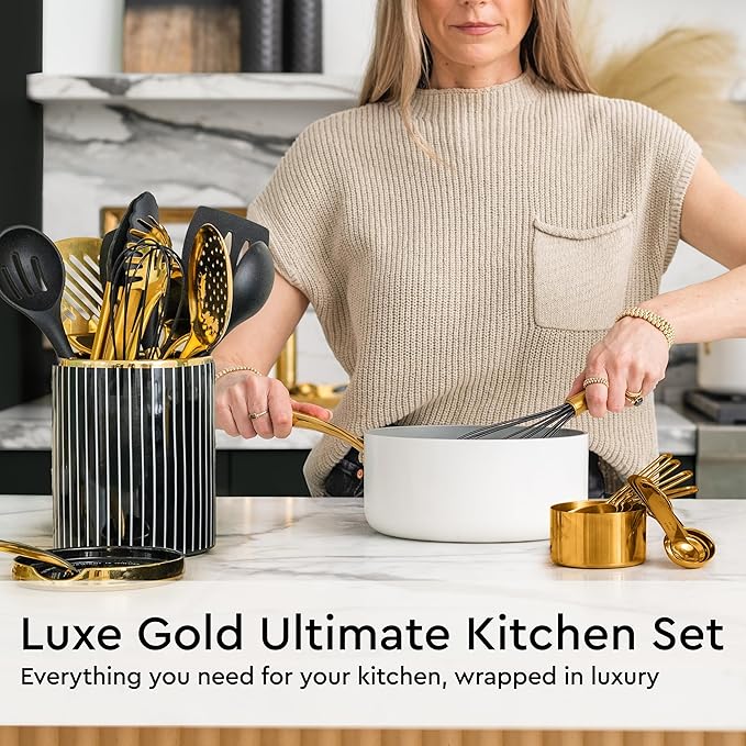 Black and Gold Kitchen Utensils Set - 19-PC Set Includes Stainless Steel and Silicone Cooking Utensils, Measuring Cups and Spoons - Black and Gold Kitchen Accessories for Stylish Cooking & Serving-Ruum Studio Home