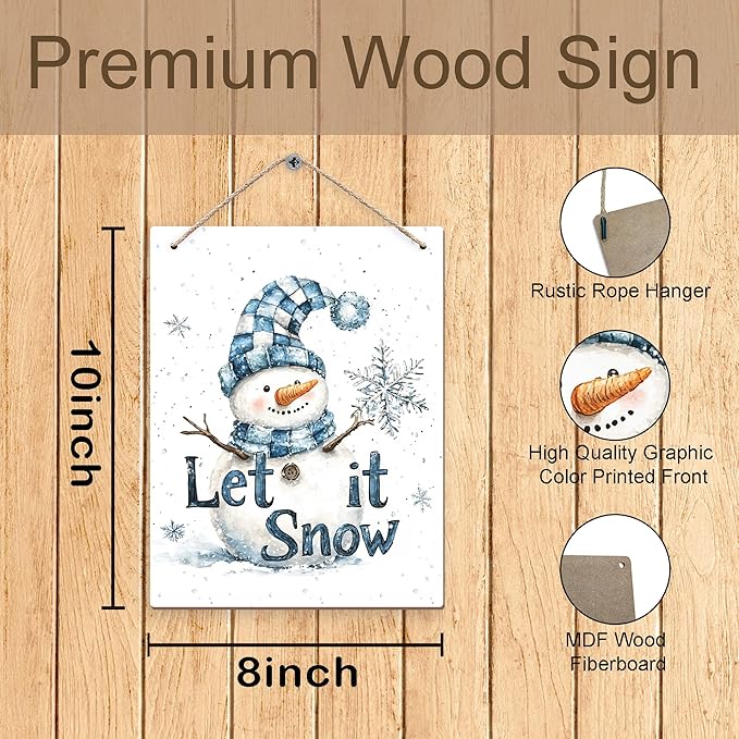 Winter Snowman Hanging Wooden Signs 12x6, Let It Snow Signs, Winter Wall Decor, Winter Door Decor, Blue Snowman Winter Snowflakes Home Room Office Hanging Wall Decor-Ruum Studio Home