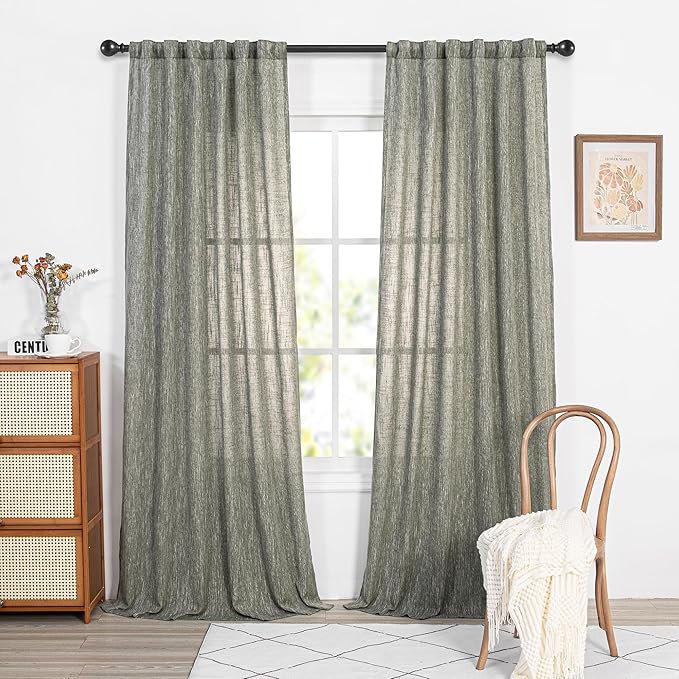 MYSKY HOME Long Sheer Curtains Farmhouse, Sliding Door Curtain for Living Room Light Filtering Privacy Protect Soft Cotton Blend Back Tab Window Drapes Boho, 50" x 108", Olive Green, 2 Panels-Ruum Studio Home