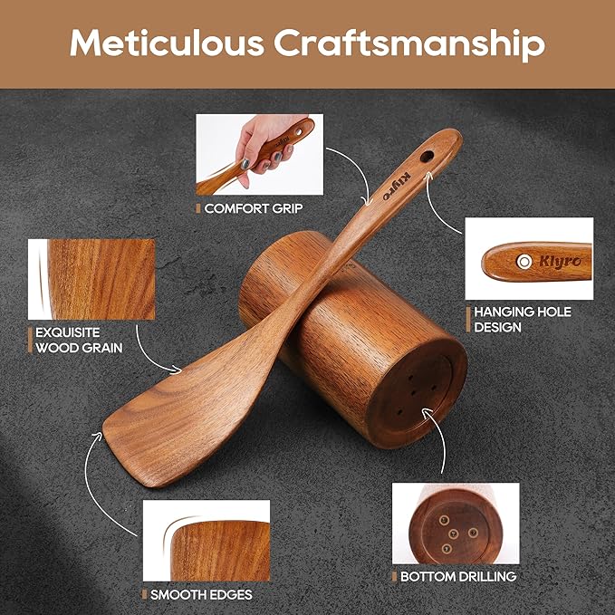 Wooden Spoons for Cooking, Nonstick Kitchen Utensils Set with 4 Piece Measuring Spoons, Comfort Grip Wooden Spatula Set, 9 Piece Teak Wooden Cooking Utensils with Holder and Spoon Rest-Ruum Studio Home