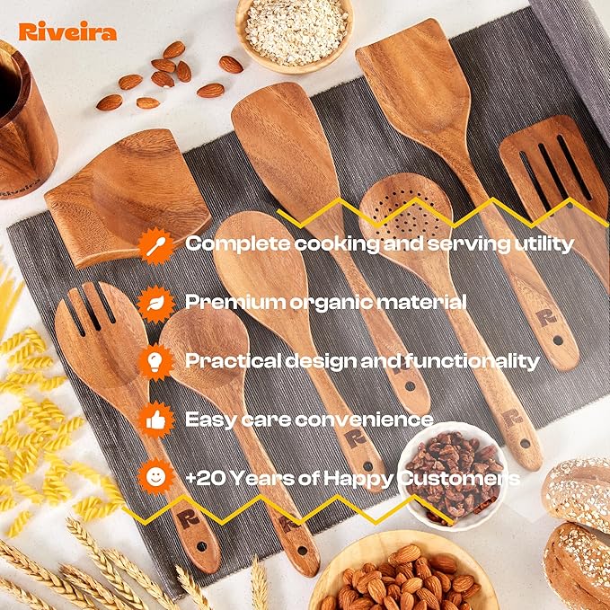 Riveira Walnut Wooden Spoons for Cooking Set of 9 – Natural Walnut Wooden Cooking Utensils, Wooden Spatula, Wooden Spoon - Premium Quality Wooden Utensil Set for Non-Toxic Cooking-Ruum Studio Home
