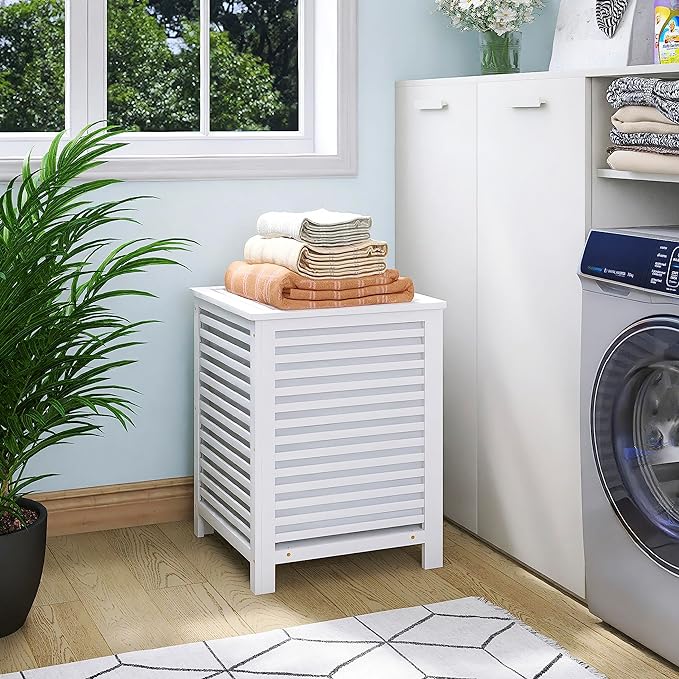 SMIBUY Double Laundry Hamper with Lid, 120L Bamboo Laundry Basket with Removable Liner Bag, 2-Section Clothes Divider Laundry Sorter for Laundry Room, Bathroom, Bedroom (White)-Ruum Studio Home