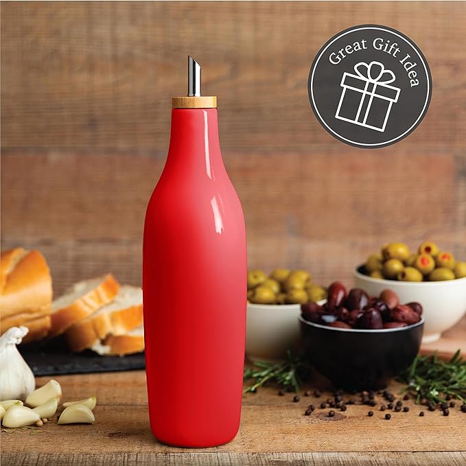 kitchentoolz Olive Oil Stoneware Dispenser Bottle, Ceramic 16 Oz Container for EVOO or Vinegar Kitchen Counter, Red-Ruum Studio Home