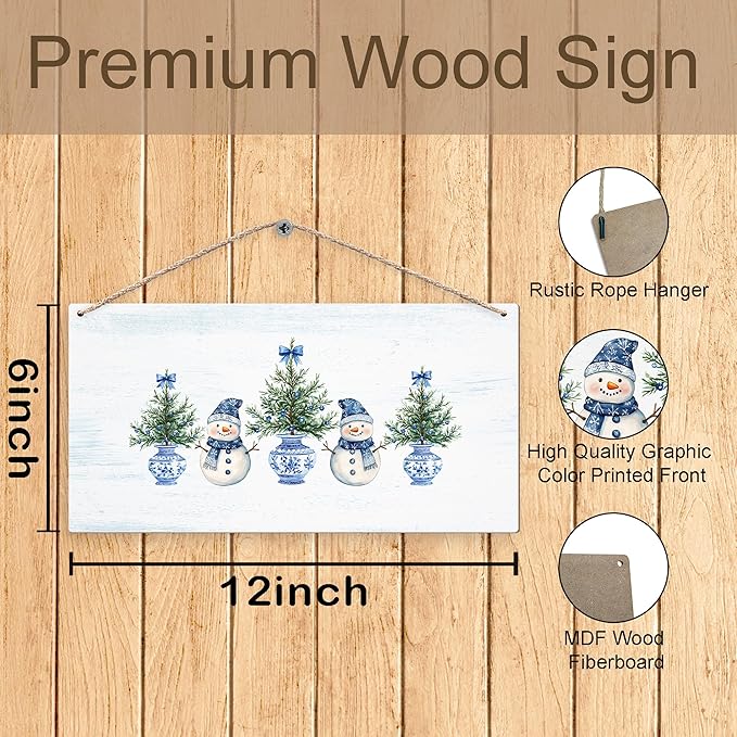 DUXMNAMG Chinoiserie Snowman Winter Hanging Wooden Signs 12x6, Blue and White Porcelain Snowman Sign, Winter ChristmasTree Blue Bow Snowman Chinoiserie Signs for Home Room Office Hanging Wall Decor-Ruum Studio Home