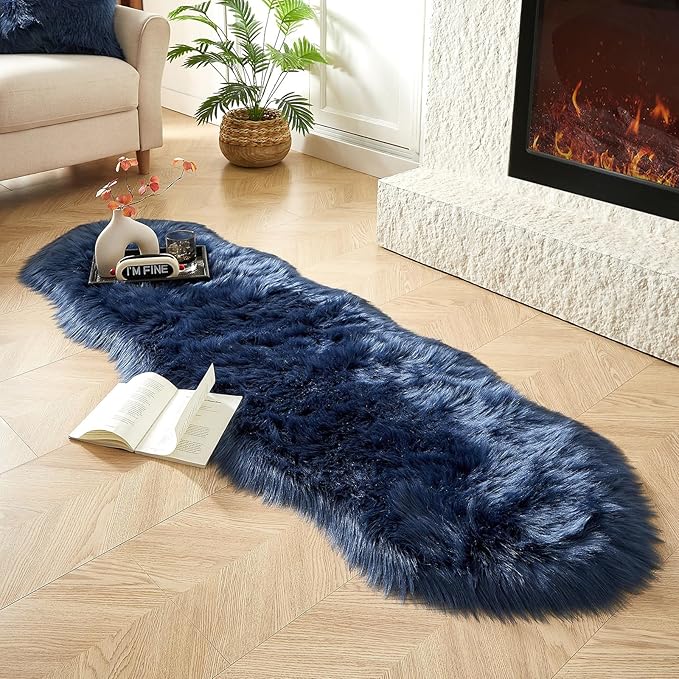 AMTOVO Faux Sheepskin Rug, Dark Blue Ultra Soft Fluffy Shag Area Rug, 2 x 6 ft Faux Fur Rug for Bedroom Sofa Throw Cushion Room Decor, Sheepskin-Ruum Studio Home