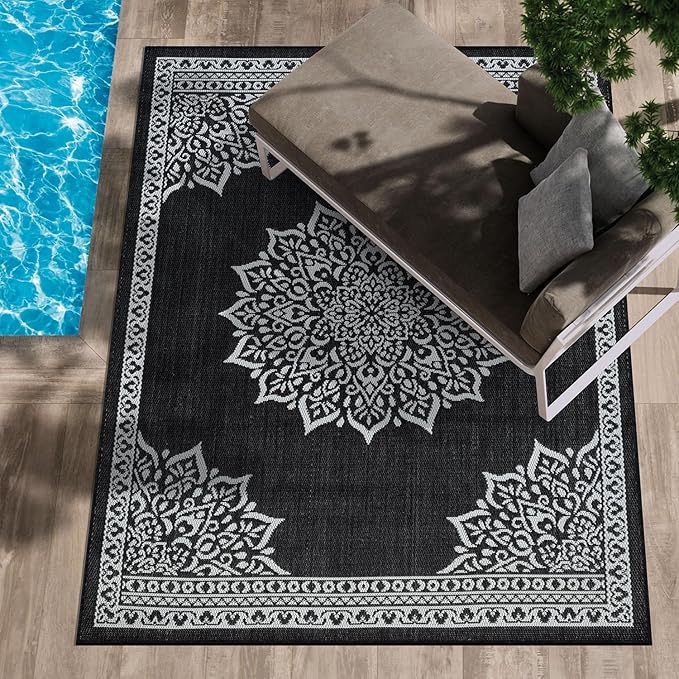 CAMILSON Indoor Outdoor Rug, 10x14 Medallion Black White Modern Area Rugs for Large Indoor and Outdoor Patios, Kitchen and Hallway Mats, Washable Porch Deck Outside Carpet (Medallion Black, 10 x 14)-Ruum Studio Home