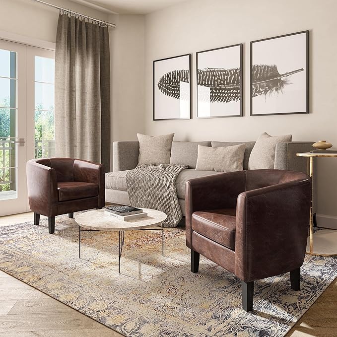 BELLEZE Accent Barrel Chair, Set of 2 Faux Leather Round Club Tub Sofa Corner Chair with Flared Legs and Cozy Soft Padding for Living Room Bedroom Waiting Room - Caramel-Ruum Studio Home