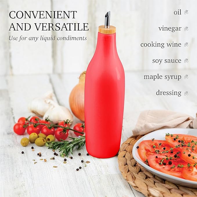 kitchentoolz Olive Oil Stoneware Dispenser Bottle, Ceramic 16 Oz Container for EVOO or Vinegar Kitchen Counter, Red-Ruum Studio Home