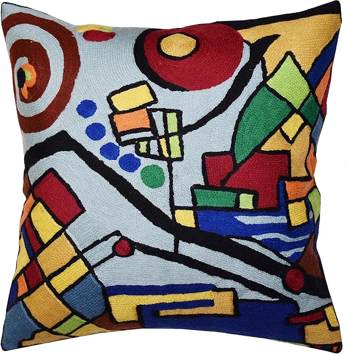Kandinsky Decorative Pillow Cover Coastal Hand Embroidered Abstract Toss Pillows Farmhouse Chair Cushion Contemporary Pillowsham Mid-Century Chair Cushions Wool Size 18x18-Ruum Studio Home
