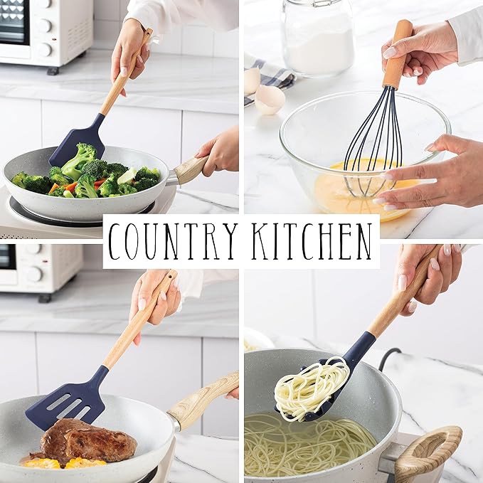 Country Kitchen Non Stick Silicone Utensil Set with Rounded Wood Handles for Cooking and Baking, 38 Piece Set, Navy-Ruum Studio Home