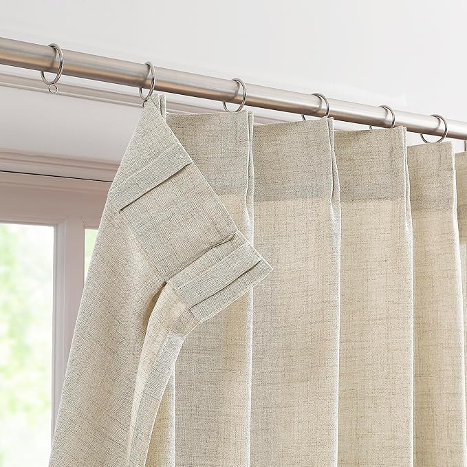 FMFUNCTEX Pinch Pleated Curtains 84 Inches Long for Living Room, Beige Semi Sheer Faux Linen Textured Pleat Drapes for Bedroom with Hooks, Light Filtering Neutral Farmhouse Window Drapes 2 Panels-Ruum Studio Home