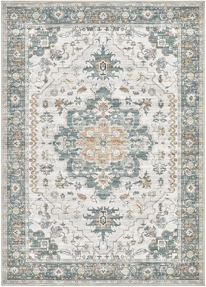 Washable Area Rugs for Living Room - 5x7 Neutral Vintage Distressed Floral Farmhouse Boho Large Soft Floor Rug Indoor Non Slip Carpet for Living Room Bedroom Dining Room Office - Green/Grey-Ruum Studio Home