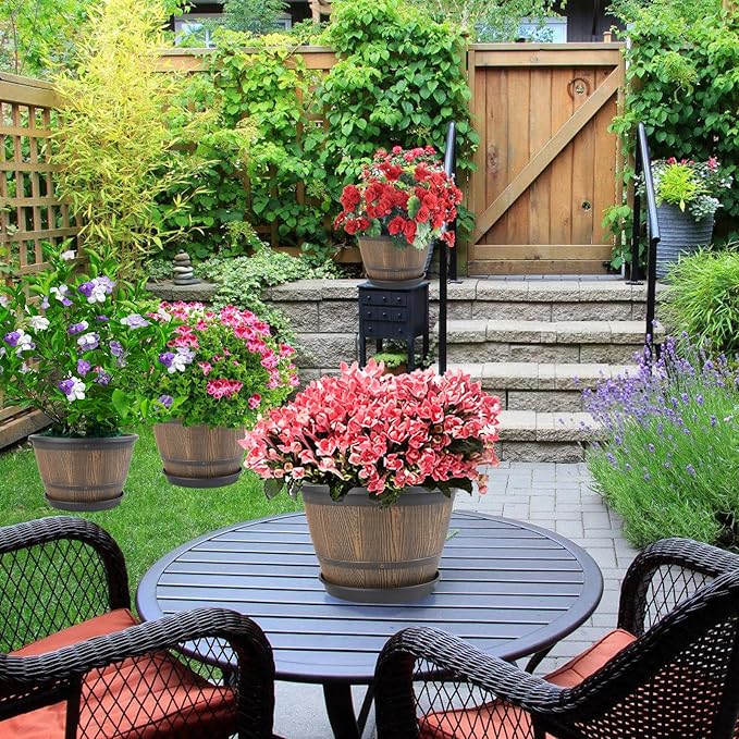 10-inch-Plant-Pots-Indoor-Outdoor, 4 Pack Whiskey Barrel Planters with Drainage Holes & Saucer, Plastic Flower Pots Imitation Wine Barrel Design, Decorative Garden Pots for Plants-Ruum Studio Home