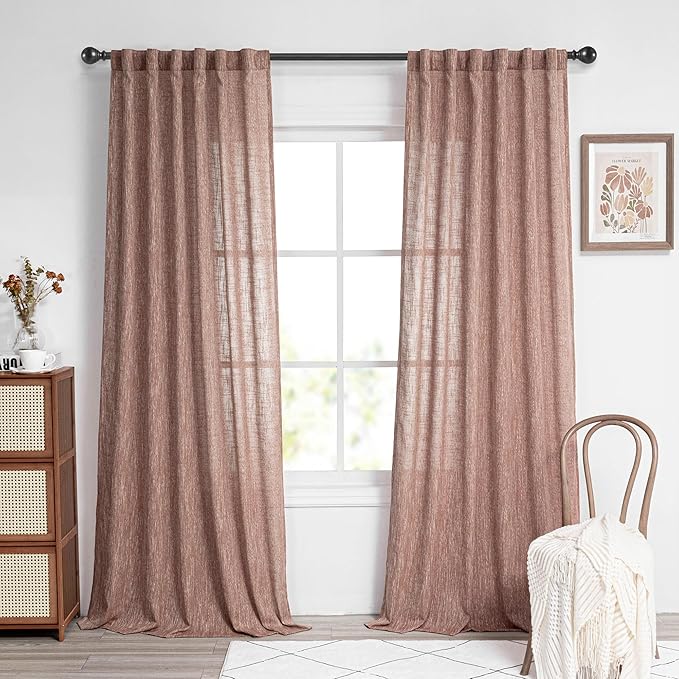 MYSKY HOME Living Room Curtains for Windows, Linen Look Texture Semi Sheers Boho Drapes Extra Long Floor Length Curtain Panels Soft Cotton Fabric, 50 x 108 Inch, Brick Red, 2 PCs-Ruum Studio Home