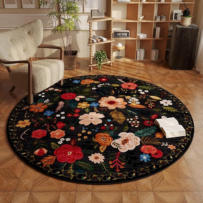 Round Rug 4ft Washable Circle Rug Non Slip Low Pile Boho Floral Small Circular Rug for Bedroom, Bathroom, Entryway, Kids Room, Office, College Dorm(Black)-Ruum Studio Home