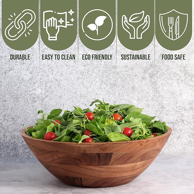 Luxe Designs Wooden Salad Bowl Set - Food Safe & Sustainable Decorative Bowl - Wood Bowl for Fruits, & Salads - Easy to Clean Large Salad Bowls Set w/Spoon, Fork – Wooden Bowls for Food (Natural)-Ruum Studio Home