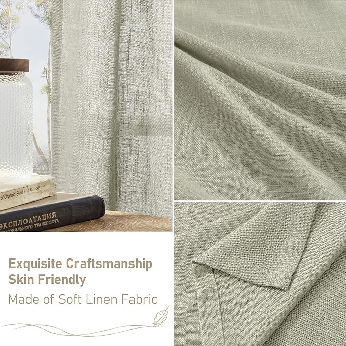 LAMIT Short Linen Curtains 40 Inch Length, Sage Grey Small Window Semi Sheer Drapes Light Filtering Bronze Grommet Neutral Panels for Cafe/Basement, 2 Panels Set, 34 x 40 Inch-Ruum Studio Home