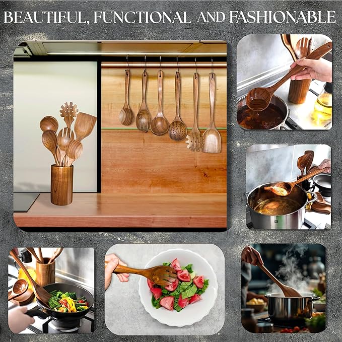 Wooden Spoons for Cooking - 8 Piece Natural Teak Kitchen Utensil Set Non Toxic - Teak Wooden Utensils with Spoon Rest and Holder-Ruum Studio Home