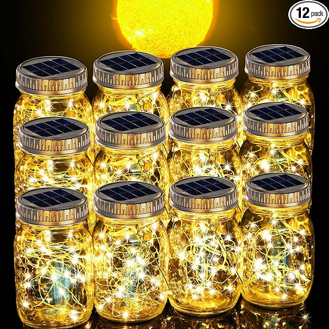 Cooo 12 Pack Solar Lanterns Outdoor Waterproof Upgraded Crystal Glass Solar Mason Jar Lights 30 LED 215% Larger SolarPanel, Anti-Rust Lid๏ผJust a Little More,Get Double The Delight-Warm White๏ผ