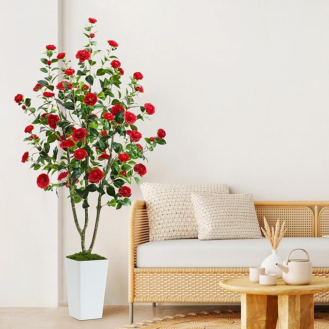 Artificial Camellia Tree 6FT Faux Trees Indoor Fake Floral Plant Blooming Tree with Red Flowers & White Tall Planter, Faux Camellia Plants for Porch Home Room Bedroom Office Front Door Outdoor Decor-Ruum Studio Home