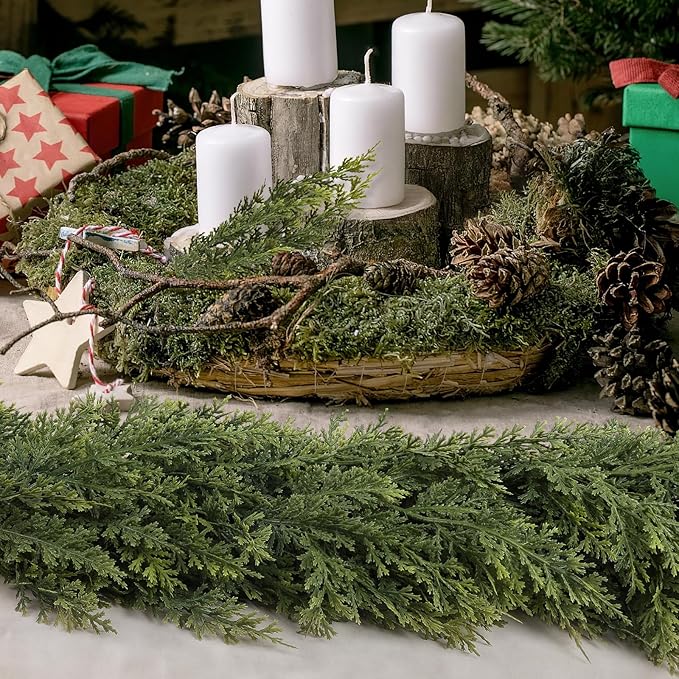 9ft Christmas Cedar Garland with Soft Thickness Pine, Artificial Green Faux Cedar Pine Garland for Mantle Fireplace Indoor Outdoor Holiday Party Home Decoration(2 Pcs)-Ruum Studio Home