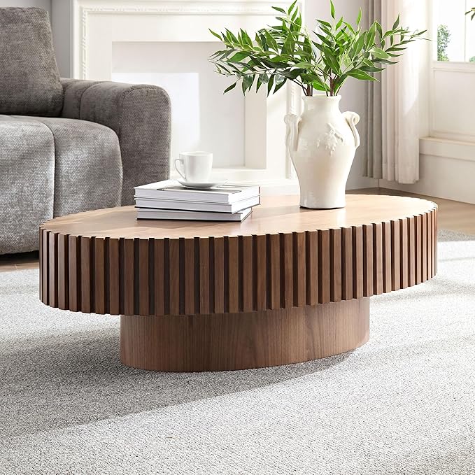 Oval Coffee Table for Living Room, Modern Fluted Coffee Tables with Pedestal Base, Handcrafted Centre Tea Tables Easy Assembly-43.7" Walnut-Ruum Studio Home