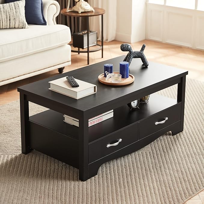 LINSY HOME Farmhouse Coffee Table with Storage, Wood Coffee Table for Living Room, Open Display Area and Storage Drawers with Metal Handles, Chic Style with Curved Base, Black-Ruum Studio Home