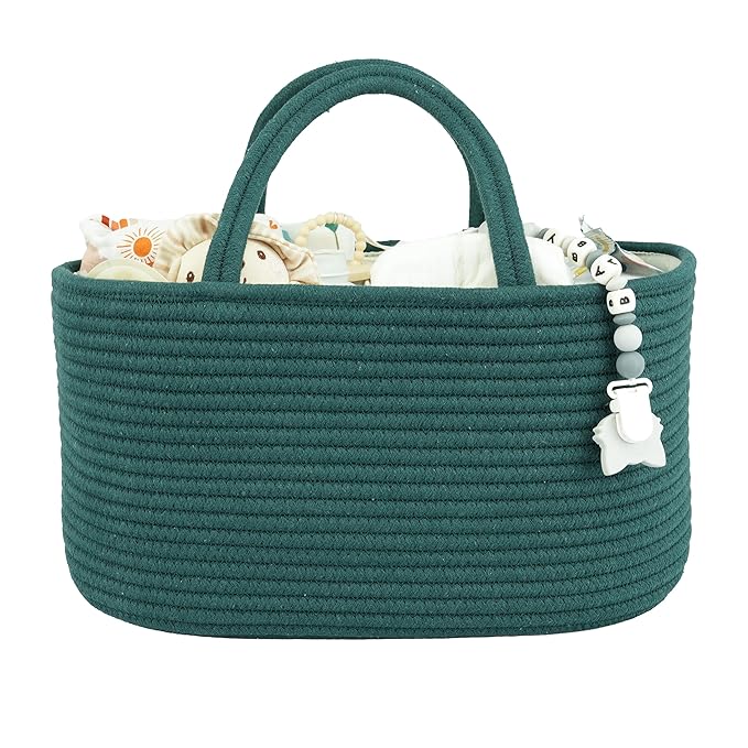 Large Baby Diaper Caddy Organizer for Girl Boy Rope Nursery Storage Bin Basket Portable Holder Tote Bag for Changing Table Car Travel Baby Shower Gifts basket dark green-Ruum Studio Home