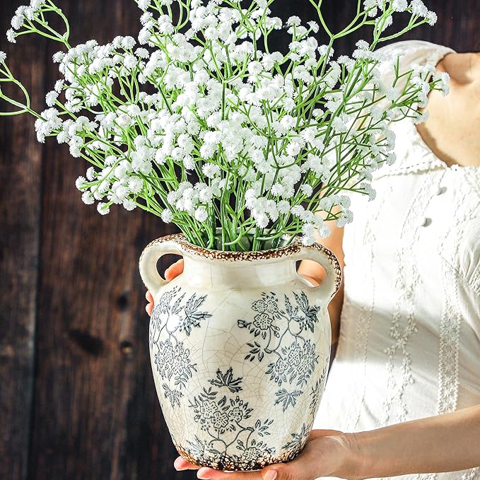 Enra Vintage vase with Handle,Blue and White Ceramic Decorative Flower vase, Chinoiserie Floral Vase,Large Rustic Vases for Home Decors, Living Room, Bookshelf, Office,7.8 in-Ruum Studio Home