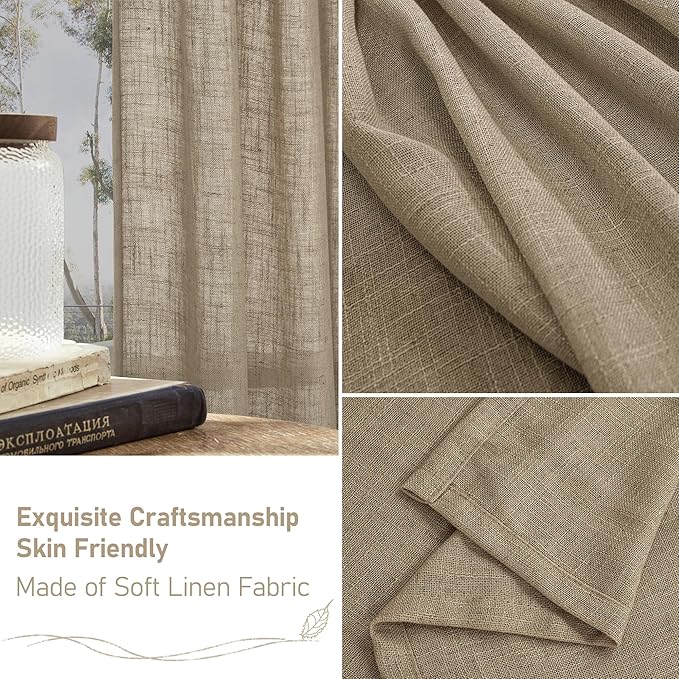 LAMIT Linen Curtains 63 Inch Length 2 Panels for Bedroom, Semi Sheer Drapes Light Filtering Neutral Window Treatments with Bronze Grommet for Living Room Rustic Country Decor, Taupe, 52 X 63 Inch-Ruum Studio Home