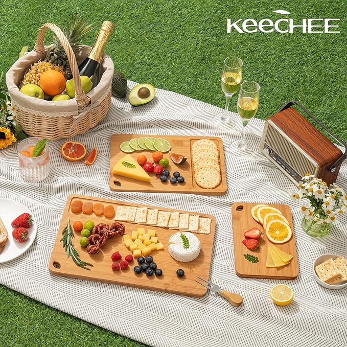 Wood Cutting Board for Kitchen - Reversible Bamboo Cutting Boards Gift Set of 3 with Juice Groove, Wooden Chopping Board for Meat, Fruit, Vegetables & Cheese (Pre Oiled, Natural)-Ruum Studio Home