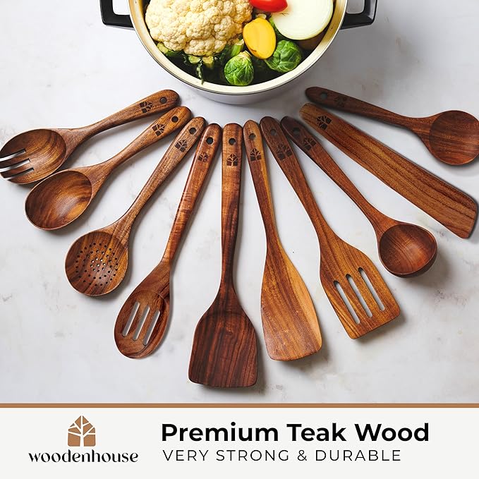 Wooden Spoons for Cooking – Wooden Cooking Utensils Set with Holder, Spoon Rest & Hooks, Teak Wood Nonstick Kitchen Cookware – Durable Set of 12pcs by Woodenhouse-Ruum Studio Home