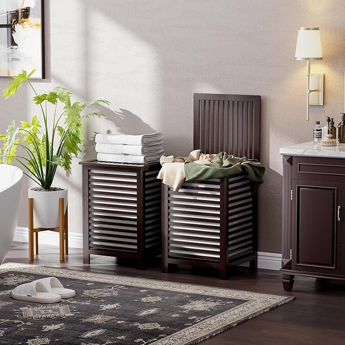 SMIBUY Double Laundry Hamper with Lid, 120L Bamboo Laundry Basket with Removable Liner Bag, 2-Section Clothes Divider Laundry Sorter for Laundry Room, Bathroom, Bedroom (Dark Brown)-Ruum Studio Home