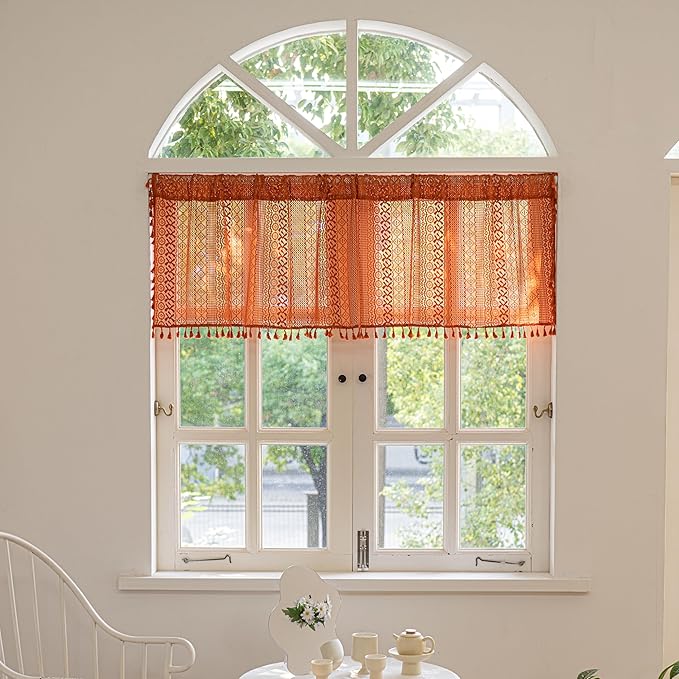 Sutuo Home Boho Valance Short Curtains for Kitchen Crochet Lace Sheer Bohemian Hollow Knitted with Tassels, Privacy Vintage Rustic Farmhouse Drapes, Rod Pocket 1 Panel 59" W x 18" L, Orange