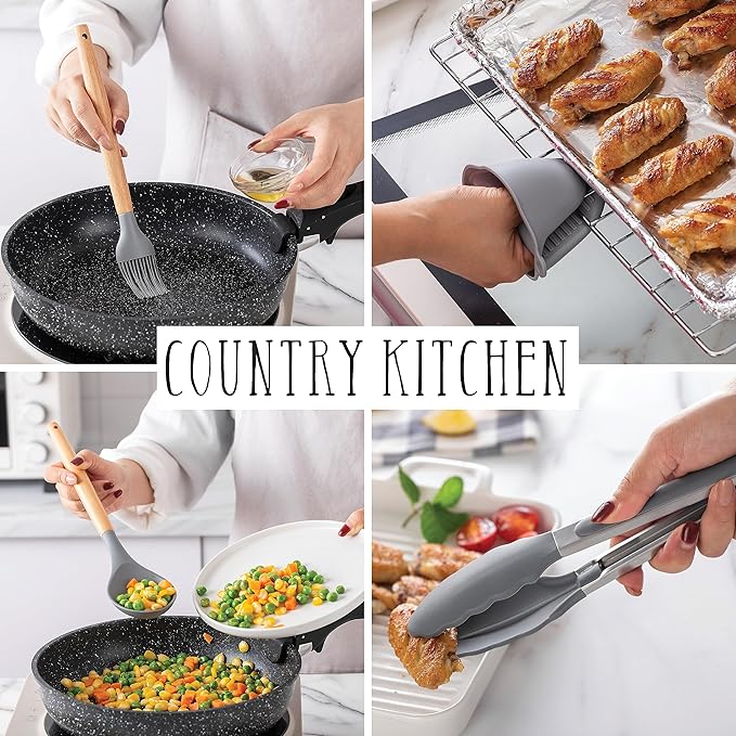 Country Kitchen Non Stick Silicone Utensil Set with Rounded Wood Handles for Cooking and Baking, 38 Piece Set, Gray-Ruum Studio Home