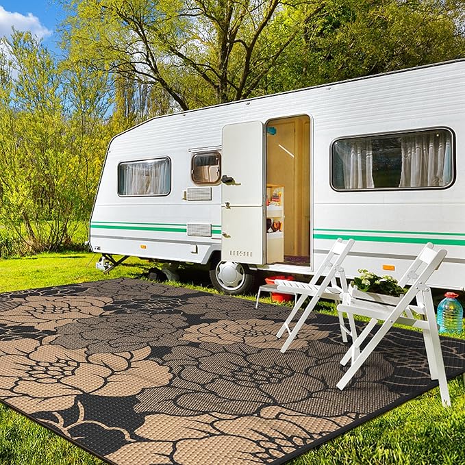 GENIMO Outdoor Rug Waterproof for Patio Decor, 8' x 10' Reversible Plastic Straw Floral Camping Carpet, Large Area Rugs Mats for RV, Camper, Deck, Balcony, Porch, Beach, Picnic, Mix-Black & Brown-Ruum Studio Home