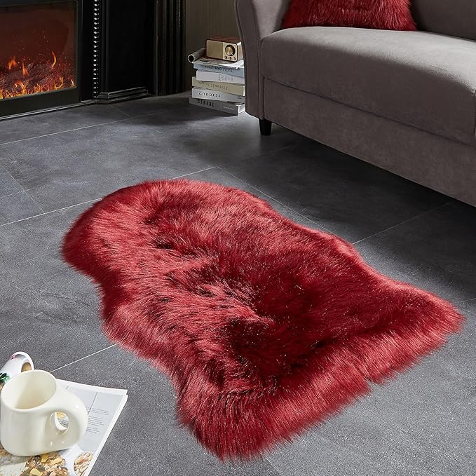 AMTOVO Faux Fur Rug, Burgundy Small Area Rug, Fluffy Sheepskin Rug, Fuzzy Ultra Soft 2 x 3 ft Shag Rugs for Bedroom Sofa Throw Cushion Room Decor, Sheepskin-Ruum Studio Home