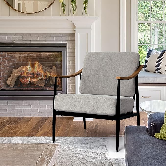 Modern Accent Chairs Set of 2 for Living Room Bedroom Mid Century Arm Chairs Upholstered Office Accent Chairs Comfy Waiting Room Chairs with Metal Frame, Grey-Ruum Studio Home